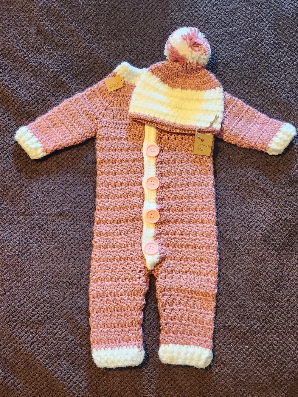 New Handmade Pink & White Crocheted Baby One-Piece with Hat Set